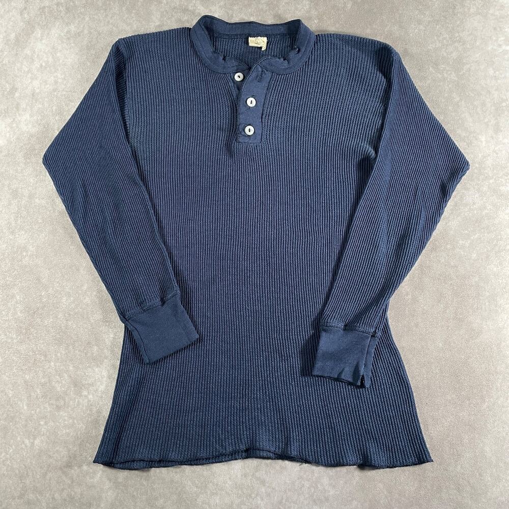 Vintage 80s Navy Blue Waffle Knit Henley Thermal Long Sleeve Shirt Size Small